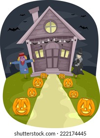 Illustration Featuring a House With Halloween Decorations