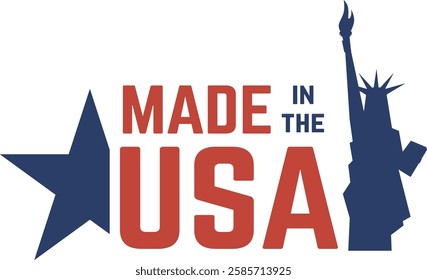 Illustration featuring the iconic Made in the USA label, accompanied by a stylized silhouette of the Statue of Liberty and a bold star, symbolizing American patriotism and craftsmanship