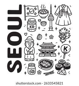 Illustration featuring iconic symbols of Seoul, including traditional clothing, food, landmarks, and cultural elements, arranged around the word 'Seoul'.