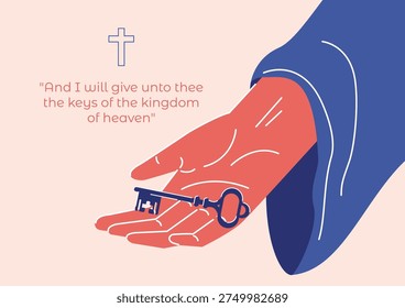 An illustration featuring Jesus's open hand holding an antique skeleton key
