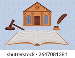 Illustration featuring justice-themed icons: courthouse building, quill with ink, law book, and judge’s gavel. Symbolizing legal authority, judicial process, and the rule of law. 