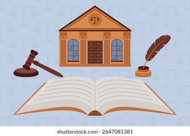 Ilustração com ícones temáticos da justiça: edifício do tribunal, pena com tinta, livro de leis e martelo do juiz. Simbolizar a autoridade legal, o processo judicial e o Estado de Direito. 