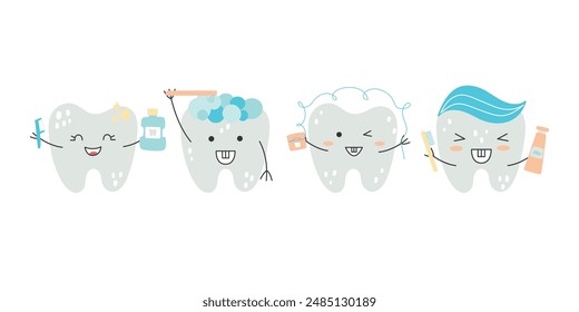 Illustration featuring kawaii-style tooth characters holding dental hygiene items.