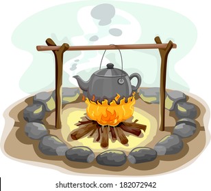 Illustration Featuring a Kettle of Water Hanging Over a Camp Fire