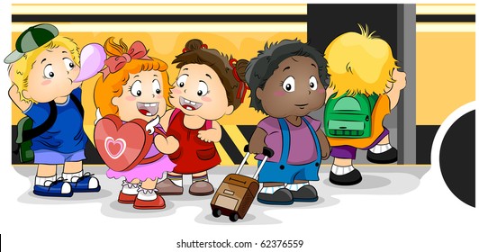 Illustration Featuring Kids Boarding a School Bus - Vector