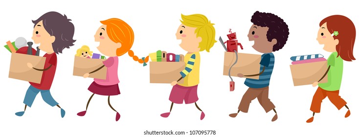 Illustration Featuring Kids Carrying Donation Boxes