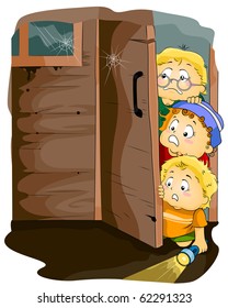 Illustration Featuring Kids Entering a Haunted House - Vector