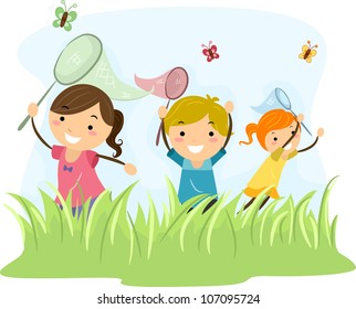 Illustration Featuring Kids Hunting Butterflies