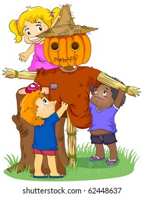 Illustration Featuring Kids Making a Scarecrow - Vector