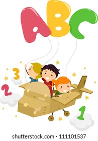 Illustration Featuring Kids on a Plane Playing with Letters and Numbers