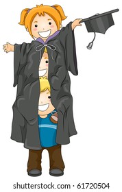 Illustration Featuring Kids Piled One on Top of the Other and Hiding Behind a Toga - Vector