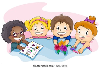 Illustration Featuring Kids Showing a Present for Their Teacher - Vector