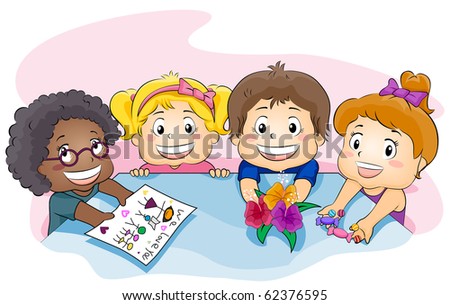 Illustration Featuring Kids Showing a Present for Their Teacher - Vector