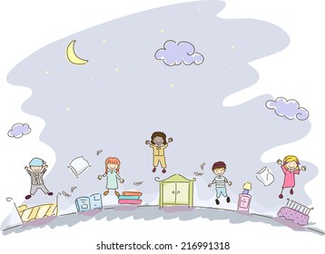 Illustration Featuring Kids in Sleepwear Having a Slumber Party