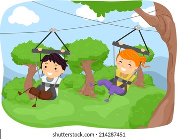 Illustration Featuring Kids Sliding Down A Zipline