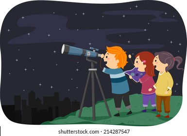 Illustration Featuring Kids Stargazing