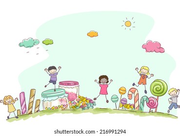 Illustration Featuring Kids Surrounded by Different Types of Candies