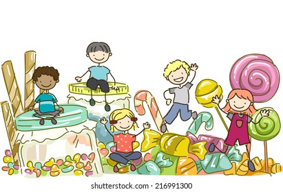 Illustration Featuring Kids Surrounded by All Types of Candies