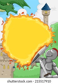 Illustration Featuring a Knight Shielding Himself Against a Dragon's Fiery Attack