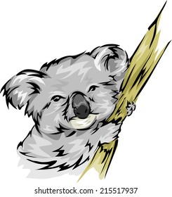 Illustration Featuring a Koala Clinging to a Tree Trunk