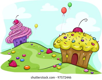 Illustration Featuring a Land Full of Cupcakes and Candies