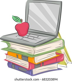 Ilustración con una laptop con una Apple en su teclado descansando sobre un mosaico de libros
