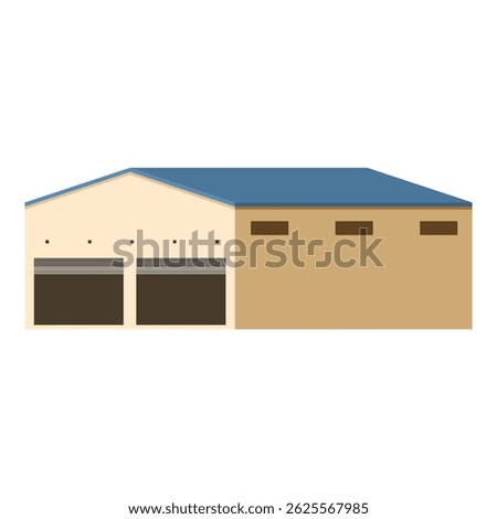 Illustration featuring a large beige warehouse building with a blue roof and two large garage doors