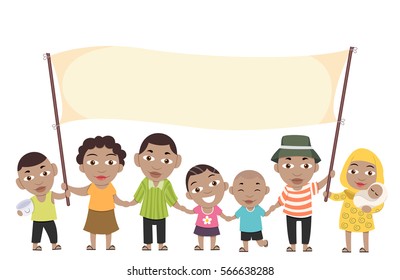 Illustration Featuring a Large Black Family Holding a Large Blank Banner Together