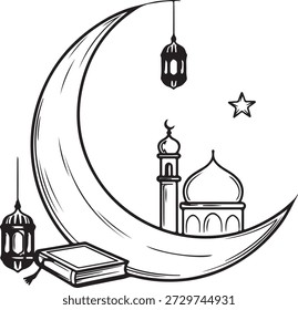 Una ilustración que presenta una luna creciente Grande, faroles tradicionales, una mezquita, una estrella y un libro religioso para temas islámicos.