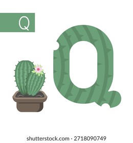 Uma ilustração com uma grande letra Q feita a partir de um cacto com um pequeno cacto em um pote florescendo uma flor ao lado dele.