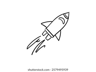 illustration featuring a large rocket launching into space, leaving a trail of fire and thick smoke.