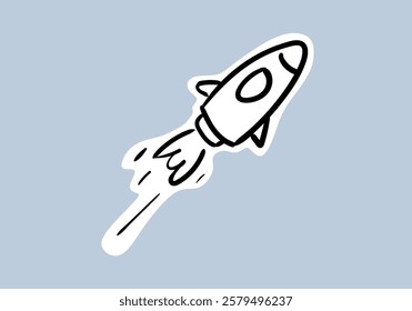 illustration featuring a large rocket launching into space, leaving a trail of fire and thick smoke.