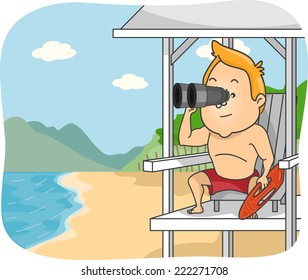 Ilustración con un socorrista inspeccionando la playa