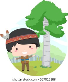 Illustration Featuring a Little Boy Dressed Like a Native American Standing Beside a Birch Tree