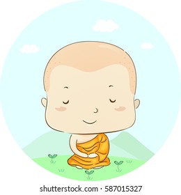 Illustration mit einem kleinen Jungen, der als Mönch verkleidet ist, der in der Lotus-Position meditiert