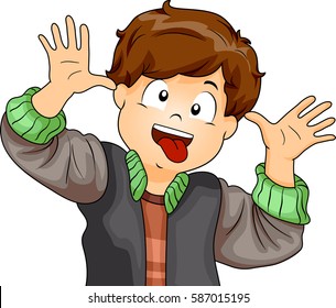 Illustration Featuring a Little Boy Making Funny Faces with His Eyes, Tongue, and Hands