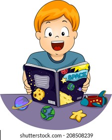 Illustration Featuring a Little Boy Reading an Astronomy Book Happily