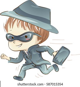 Illustration Featuring A Little Boy In A Spy Costume Running While Carrying A Briefcase