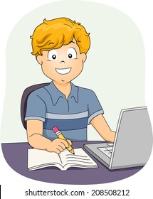 Illustration Featuring a Little Boy Using His Laptop While Working on His Assignment