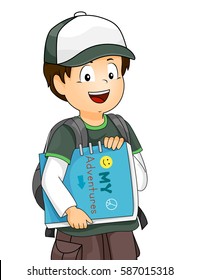 Illustration Featuring a Little Boy Wearing a Shirt, Pair of Cargo Shorts, and a Baseball Cap Carrying an Adventure Book