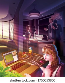An illustration featuring the little girl is attending online class through the laptop next to the windows, and her parents are also working at home, inside the kitchen.
