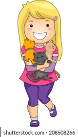 Illustration Featuring a Little Girl Hugging a Bunch of Kittens 