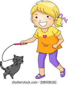Illustration Featuring a Little Girl Playing with Her Pet Cat
