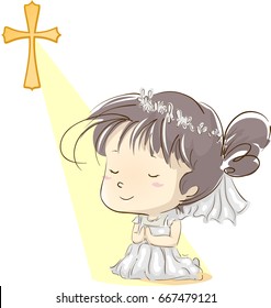 Illustration Featuring a Little Girl in a White Dress Kneeling in Prayer After Going Through Her First Communion