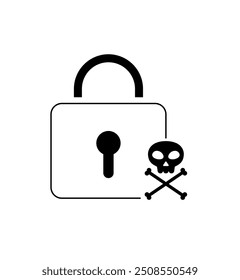 Ilustración con una cerradura con un cráneo y huesos cruzados, que representa amenazas de ciberseguridad, violaciones de datos y malware. Ideal para temas sobre piratería informática, riesgos de seguridad y amenazas en línea.