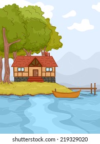 Ilustración con una cabaña de troncos a orillas de un lago