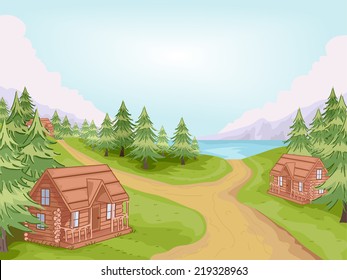 Illustration Featuring Log Cabins in a Village