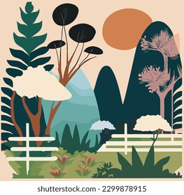 An illustration featuring a lush garden filled with a variety of plants, from vibrant flowers to tall trees, creating a serene and calming atmosphere