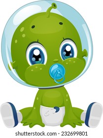 Illustration Featuring a Male Baby Alien in Diapers Sucking a Pacifier