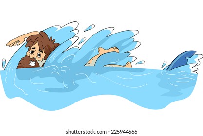 Illustration Featuring a Male Castaway Being Chased by a Shark